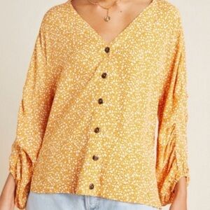 Anthropologie Maeve Yellow Floral Button-Down V-Neck Blouse - L